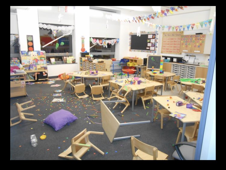 DeputyGrocott's tweet photo. Finally got my room looking just as I want it. All forward facing, Very clear which chairs shouldn’t be used and all stationery in reaching distance. https://t.co/z7zu6ytogo