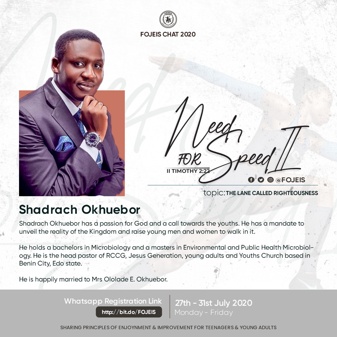 fojeis's tweet photo. GUEST SPEAKER ALERT 💫
Shadrach Okheubor has a passion for God & a call towards the youth. He has a mandate to unveil the reality of the kingdom..
@P_shadrach will be LIVE on #FojeisChat2020 7pm.Topic is "The LANE called Righteousness"
Tonight will be explosive💥
#Need4SpeedII https://t.co/i9T2lRuutj