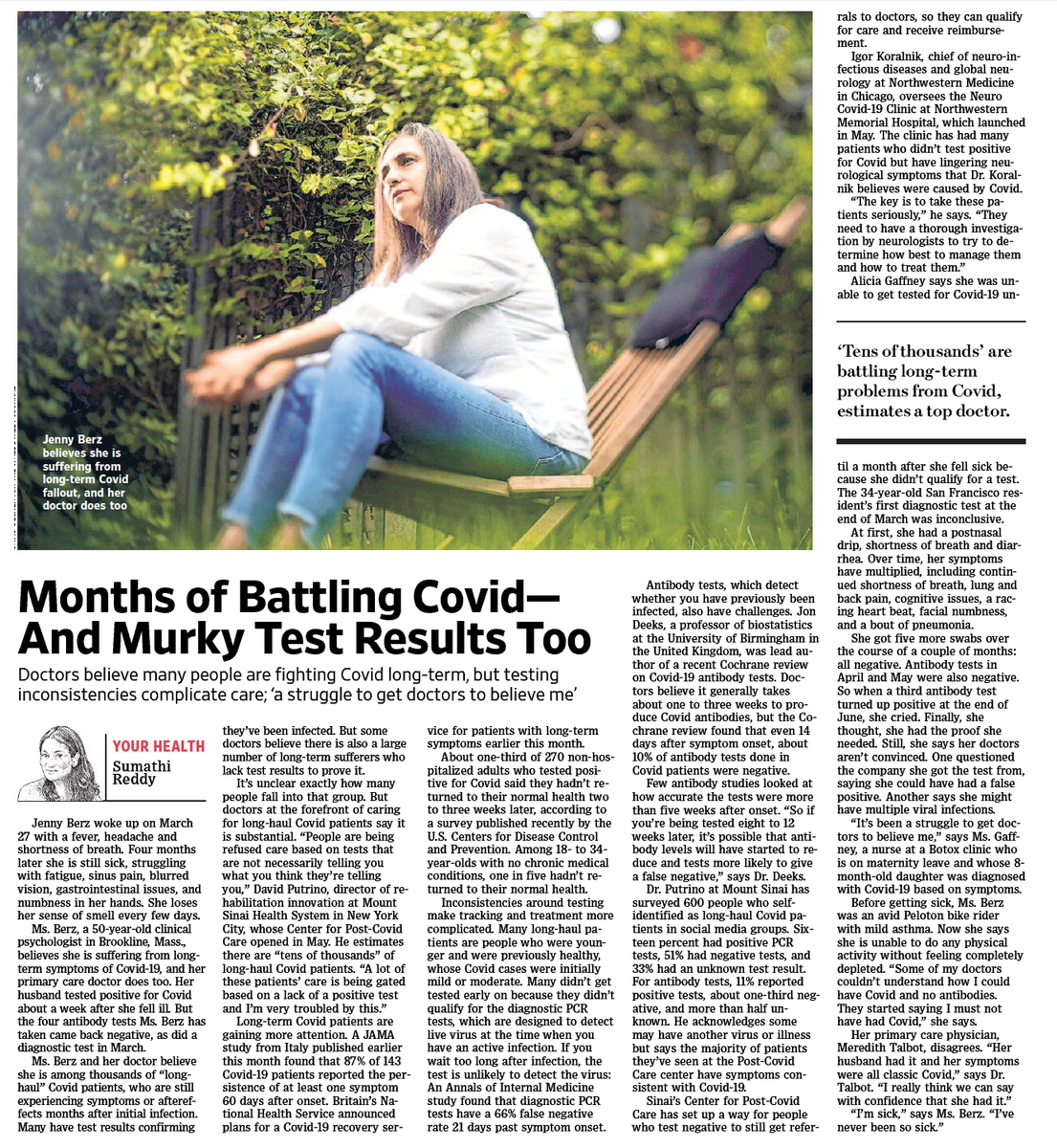 So little is published in medical journals on  #LongCovid but we are learning so much from patients about its disabling features https://www.wsj.com/articles/suffering-from-covid-for-monthsand-battling-murky-test-results-too-11595865869?mod=searchresults&page=1&pos=1 by  @rddysum best thread is by  @ahandvanish with many links  https://twitter.com/ahandvanish/status/1287525539859910657