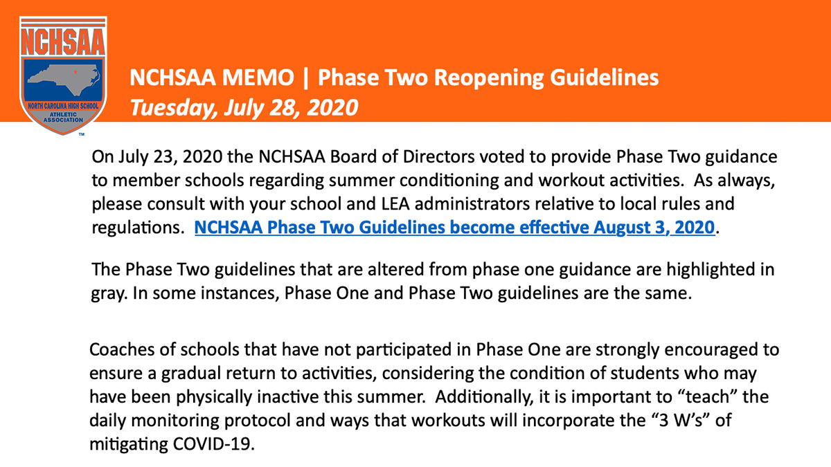 🚨NCHSAA Phase Two Reopening Guidelines🚨

Phase 2 becomes effective on August 3. 

Please find the Guidelines here ➡️nchsaa.org/news/2020-7-28…

#WeAretheNCHSAA