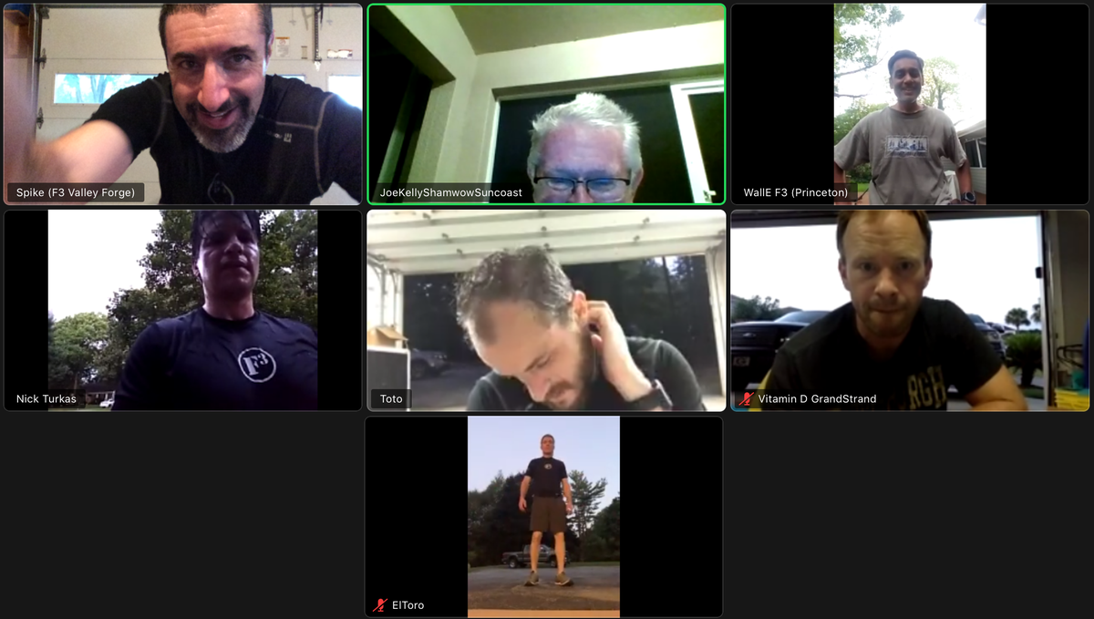 F3ValleyForge's tweet photo. 07/28/20 #AAR @F3Sob Zoom Gloom

7 PAX posted for a @nturkas Wild Turkey 9 minute Pyramid of Pain beat down.

100 squats 
80 flutter
60 shoulder-taps
40 sister-mary catherine
20 broad jumps

And back up again, with other nasty pyramid schemes thrown in! 1 hour of power, for sure! https://t.co/aGCU2iAuFw