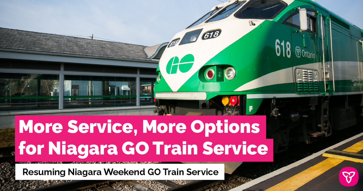 ExploreON's tweet photo. Starting August 1, @GOtransit will resume weekend service between Niagara and Toronto to better serve transit users and local visitors.
Travel safe and remember to practice health and safety measures!
Learn more: https://t.co/Sj3vFm1tQQ https://t.co/UdUZKajLqq