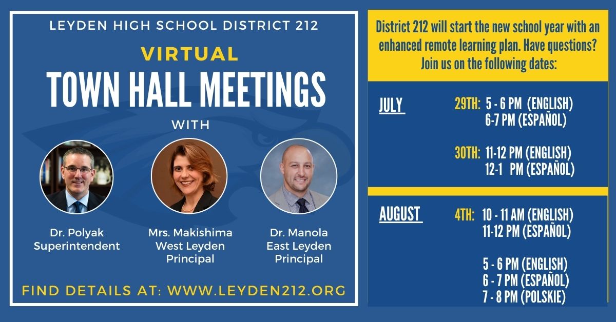 District 212 will start the new school year with an enhanced remote learning plan. If you have question or would like to learn more about our plan, join us at one of our upcoming parent Back to School Town Hall meetings. #leydenpride 
<a href="/npolyak/">Nick Polyak</a> @p_makishima <a href="/DominicManola/">Dominic Manola</a>