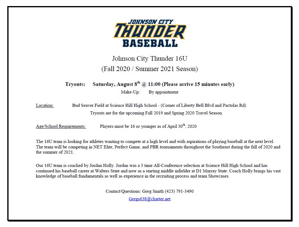 Tryout information for the 16U Thunder Team