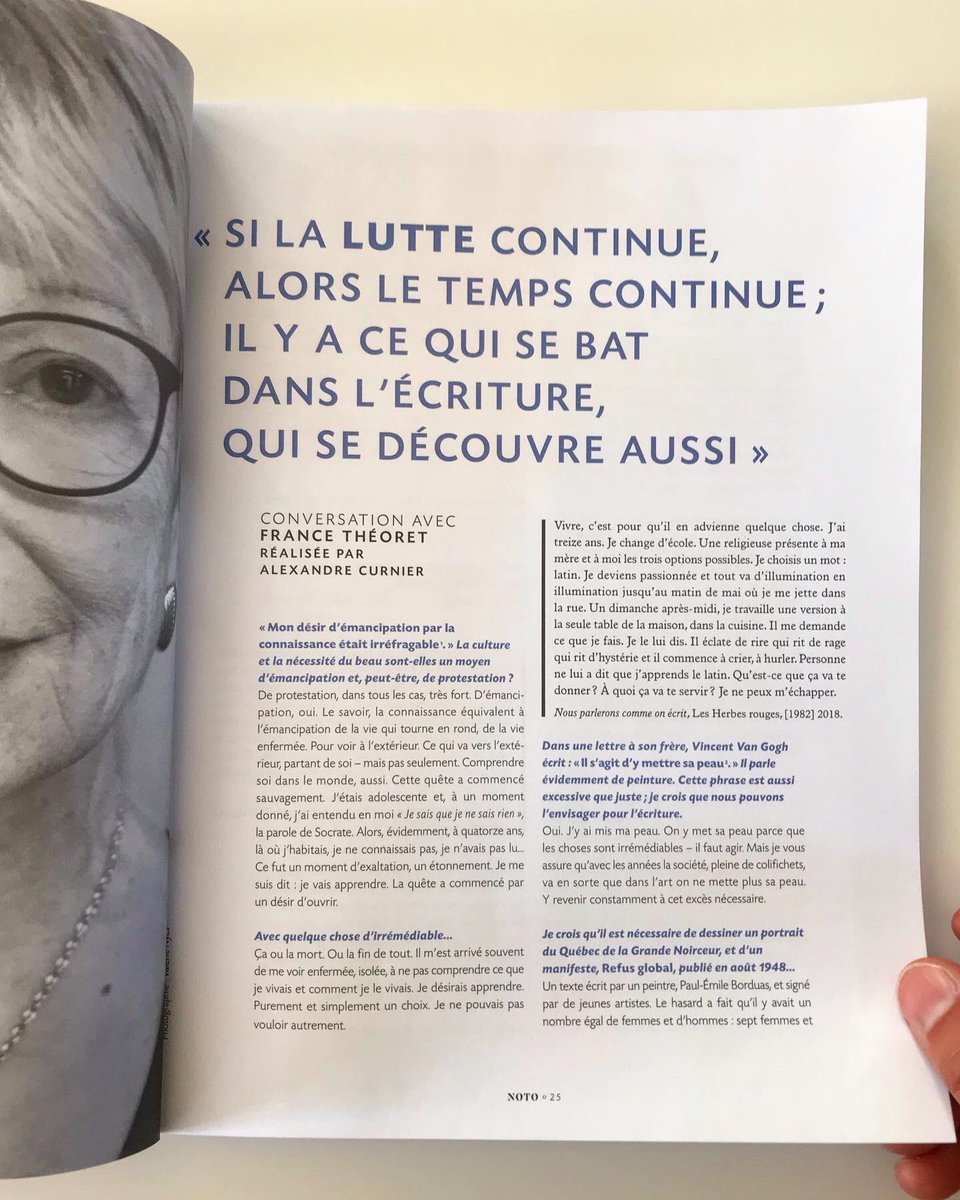 noto_revue's tweet photo. «Prendre la parole pour une femme est difficile. Nous ne sommes jamais prêtes. J’ai rassemblé mes idées et j’ai arrêté de citer. Il faut se risquer.»
—
L’œuvre de France Theoret, autrice féministe québécoise, est indiscutablement importante ds les lettres francophones. Entretien. https://t.co/fxqGDJYuQ3