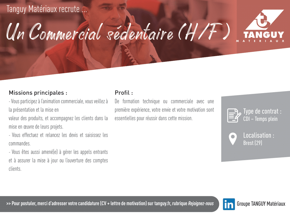 groupetanguy's tweet photo. [Recrutements]
La société Tanguy Matériaux recrute pour son agence de Brest Couverture (29) un Commercial sédentaire (H/F).
✔️ Pour postuler, c'est par ici :  https://t.co/3RwvCOfa8q
➡️ Découvrez toutes nos offres sur : https://t.co/um7ddOU2TJ
#Job #Emploi #Recrutement https://t.co/idctbnuiq0