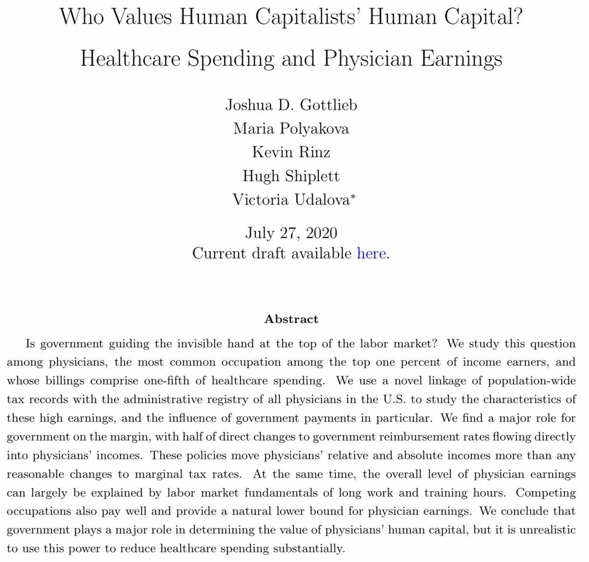 kevinrinz's tweet image. 🚨🚨🚨New Working Paper🚨🚨🚨

Who Values Human Capitalists&apos; Human Capital? Healthcare Spending and Physician Earnings

w @GottliebEcon @MariaAPolyakova Hugh Shiplett @UdalovaVictoria

Paper: kevinrinz.github.io/physicians.pdf
Summary: kevinrinz.github.io/physicians_sum…
Slides: conference.nber.org/conf_papers/f1…