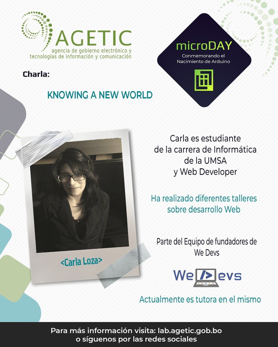 LIITAgetic's tweet photo. Expositora invitada para la segunda sesión 31 de julio: 
Carla Loza miembro de WeDevs
#Agetic #LiitAgetic #ArduinoD20 #innovacion #tecnologia  #WeDevs https://t.co/eLE7L7Amng