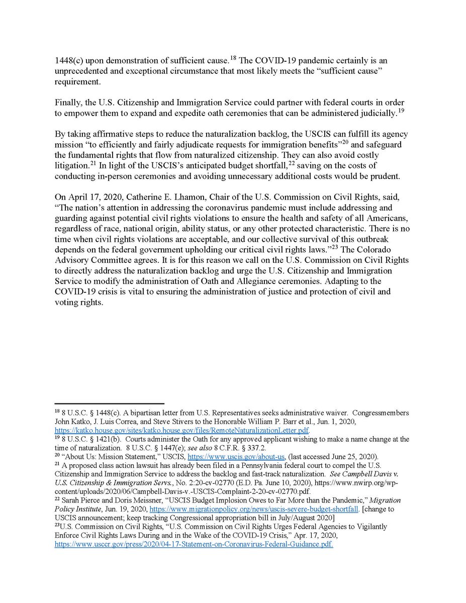 USCCRgov's tweet photo. USCCR State Advisory Committee Statement
Colorado Advisory Committee Encourages Modifying Oath and Allegiance Ceremonies During COVID-19 Crisis
Full Statement here: https://t.co/1h37xu41oO
#COSAC #USCCRSAC https://t.co/GMyQthQz9O