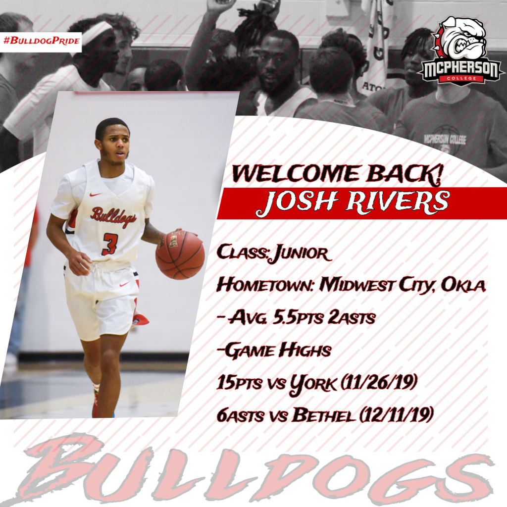 Josh is entering his 3rd year here at McPherson with a lot of experience. He played in 29 games and started 19 as a Freshmen, he played in 31 games as a Sophomore. 
Looking forward to seeing what leader he can become his Junior year. #BulldogPride