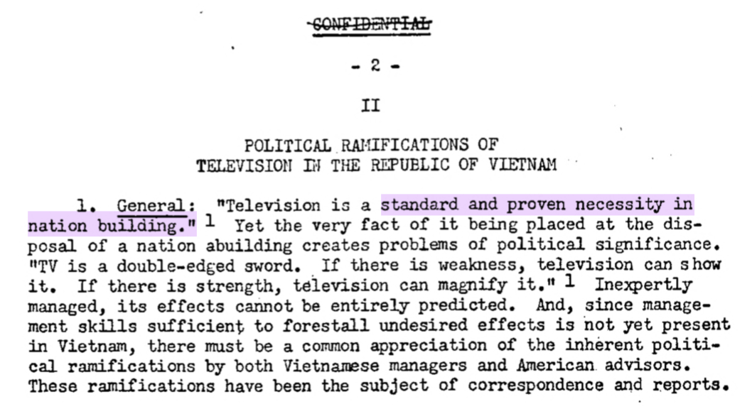 Palmer's understanding of TV and the findings in Zorthian's TV in Vietnam report are actually very complementary. While Palmer highlights the role TV has to play in "democratic growth", Zorthian's team uses the old-fashioned language: nation building and pacification