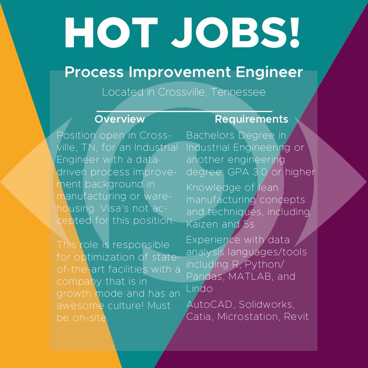 PerceptiveRecr1's tweet image. Process Improvement Engineer HOT JOB in Crossville, TN! Our team is actively looking for Industrial Engineers interested in taking their career to the next level! APPLY NOW at www2.jobdiva.com/portal/?a=m4jd… #PerceptiveRecruiting #WomanOwned  #industrialengineer #processimprovement