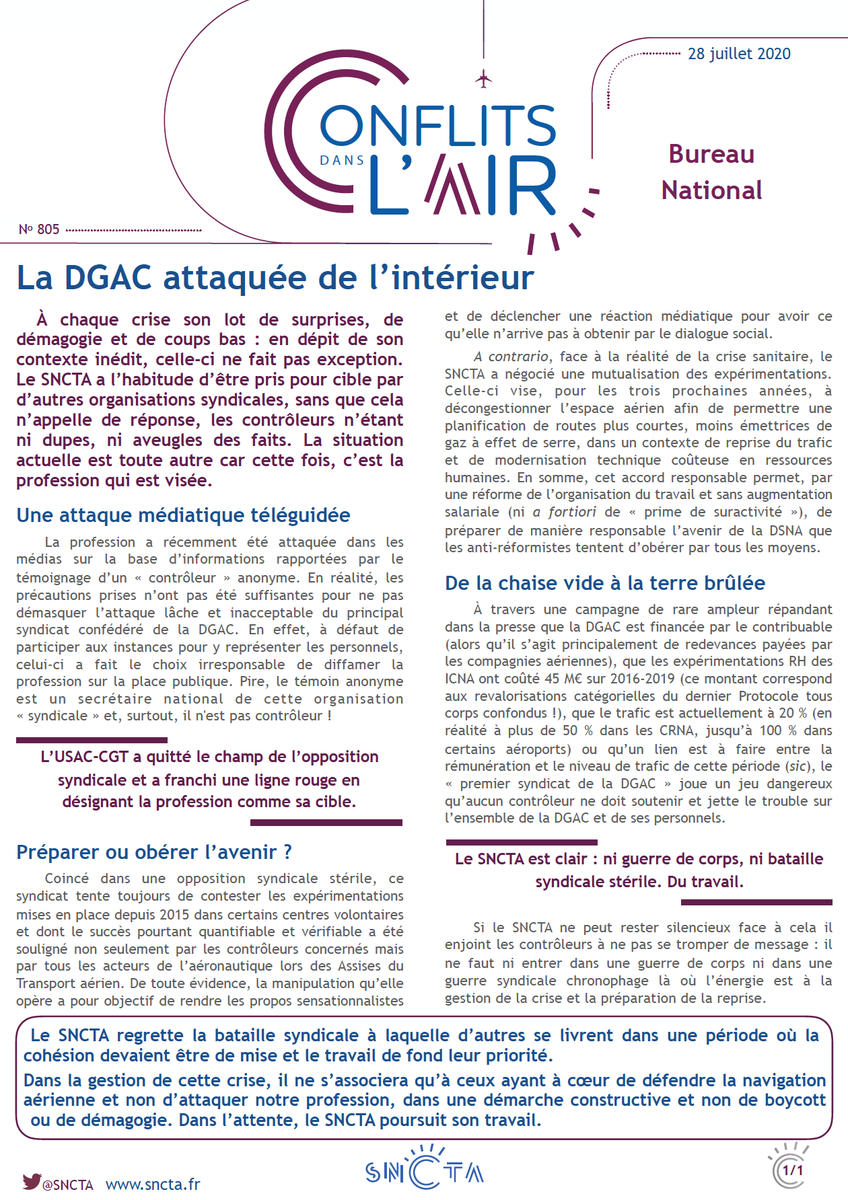SNCTA's tweet photo. Le SNCTA regrette la bataille syndicale à laquelle d’autres se livrent dans une période où la cohésion devaient être de mise et le travail de fond leur priorité.
Le SNCTA ne s’associera qu’à ceux ayant à cœur de défendre la navigation aérienne et non d’attaquer notre profession. https://t.co/J6Vpe02v4Z