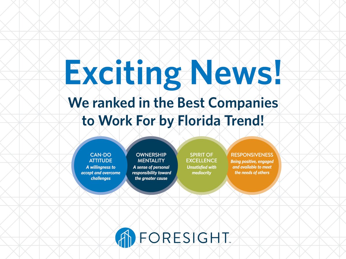 foresightcgi's tweet photo. We are honored to announce our ranking on @FloridaTrend's List of Best Companies to Work For in Florida! Our mission to improve the lives of others is made possible by the incredible team members that make up our company.

#SuccessStartsHere #BestCompaniesToWorkForInFlorida https://t.co/uzw5nBe5C7