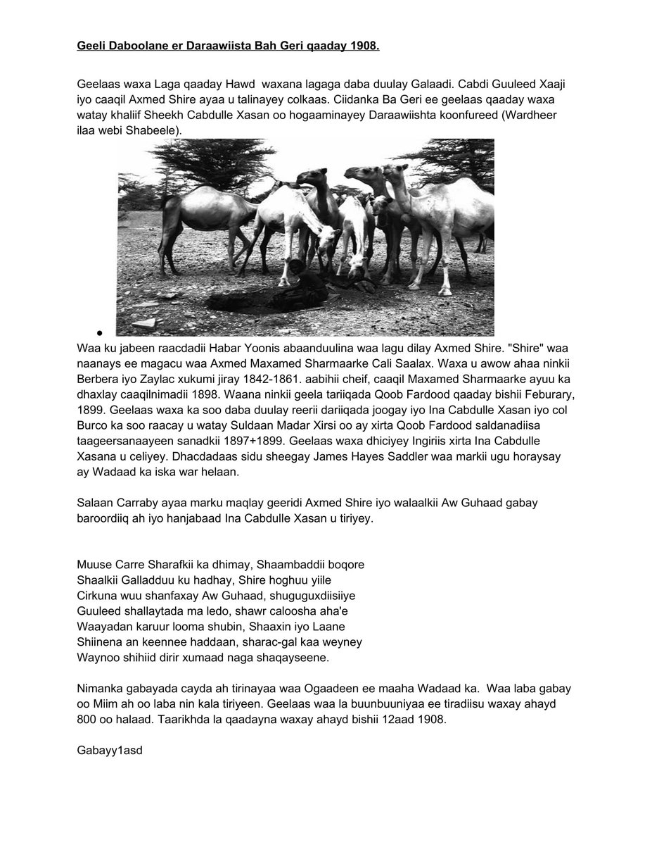 Part 1.Separating facts and fabrication. The 1908 southern dervish raid on the Habar Yoonis herd Daboolane and the deliberate injection of 'Xirsow Waa Naaqusnimo" poem into the Daboolane incident.