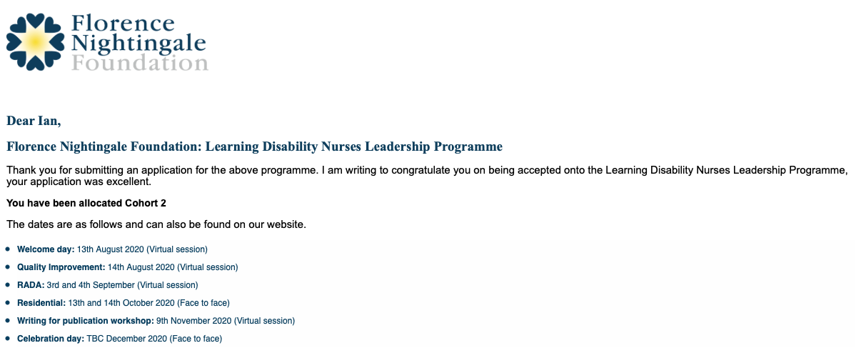 I am so pleased to have been allocated a place on the Florence Nightingale Foundation Learning Disability Nursing Leadership Programme! I can’t wait to start!! I am in Cohort 2!!

florence-nightingale-foundation.org.uk/learning-disab…
 
<a href="/BurdettTrust/">Burdett Trust 💙</a> <a href="/FNightingaleF/">Florence Nightingale Foundation</a> <a href="/BlackCountryNHS/">BCHFT - Black Country Healthcare Foundation Trust</a>