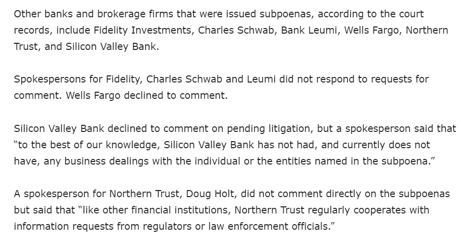 They name 6 more banks at the end of the article, leaving 1 of the 10 unnamed: Those are Fidelity Investments, Charles Schwab, Bank Leumi, Wells Fargo, Northern Trust, and Silicon Valley Bank.Is Silicon Valley Bank connected to any of the  #SiliconValleyOligarchs who help Dems?