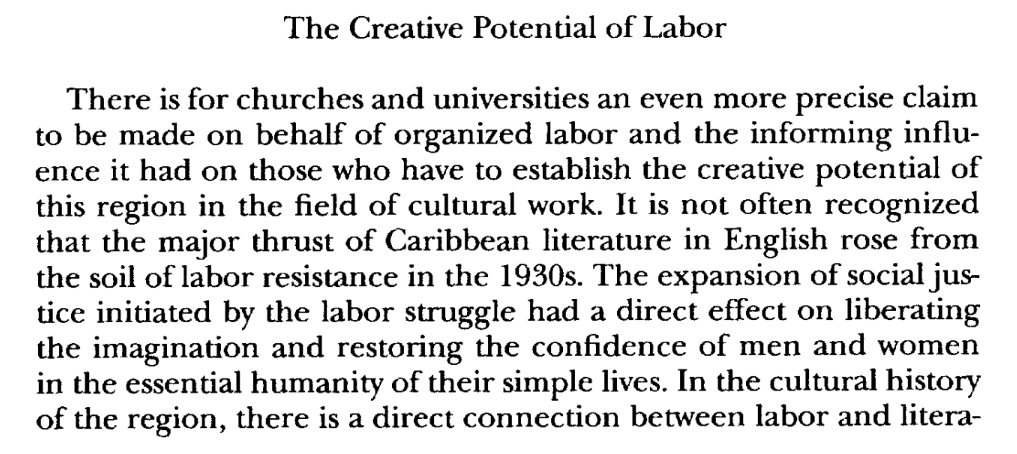 Uprisings actually occurred throughout the Caribbean at the time: Trinidad, Jamaica, St Lucia &more. For Lamming, the literary significance of these revolts were huge, saying "the major thrust of Caribbean literature in English rose from the soil of labor resistance in the 1930s"