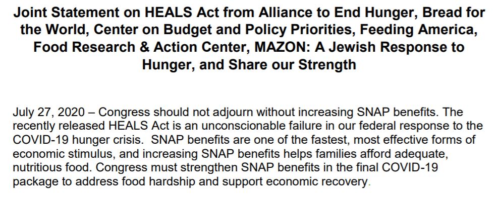 hunger's tweet photo. 🗣️ "Congress should not adjourn without increasing SNAP benefits."

➡️ Period.

📢 Read a joint statement on the recent introduction of the #HEALSAct, which fails to strengthen an anti-hunger powerhouse &amp; critical economic multiplier: https://t.co/TfMKCwdEp4

#BoostSNAPNow https://t.co/0StQg8UfDP