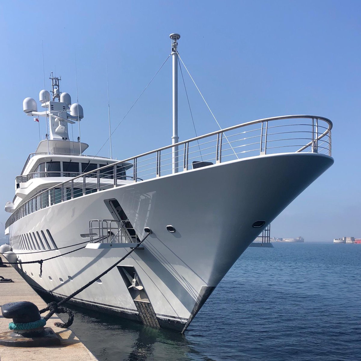 Dutchyachting's tweet photo. #Feadship #Musashi in #Gibraltar last Friday. The 88m/ 288’8” #yacht was delivered in 2011 after an #exterior design & navel architecture by De Voogt Naval Architects and an interior by #Sinot Yacht Architecture & Design. Photos by @DannyWheelz on Instagram. https://t.co/yvnI2bLtO8