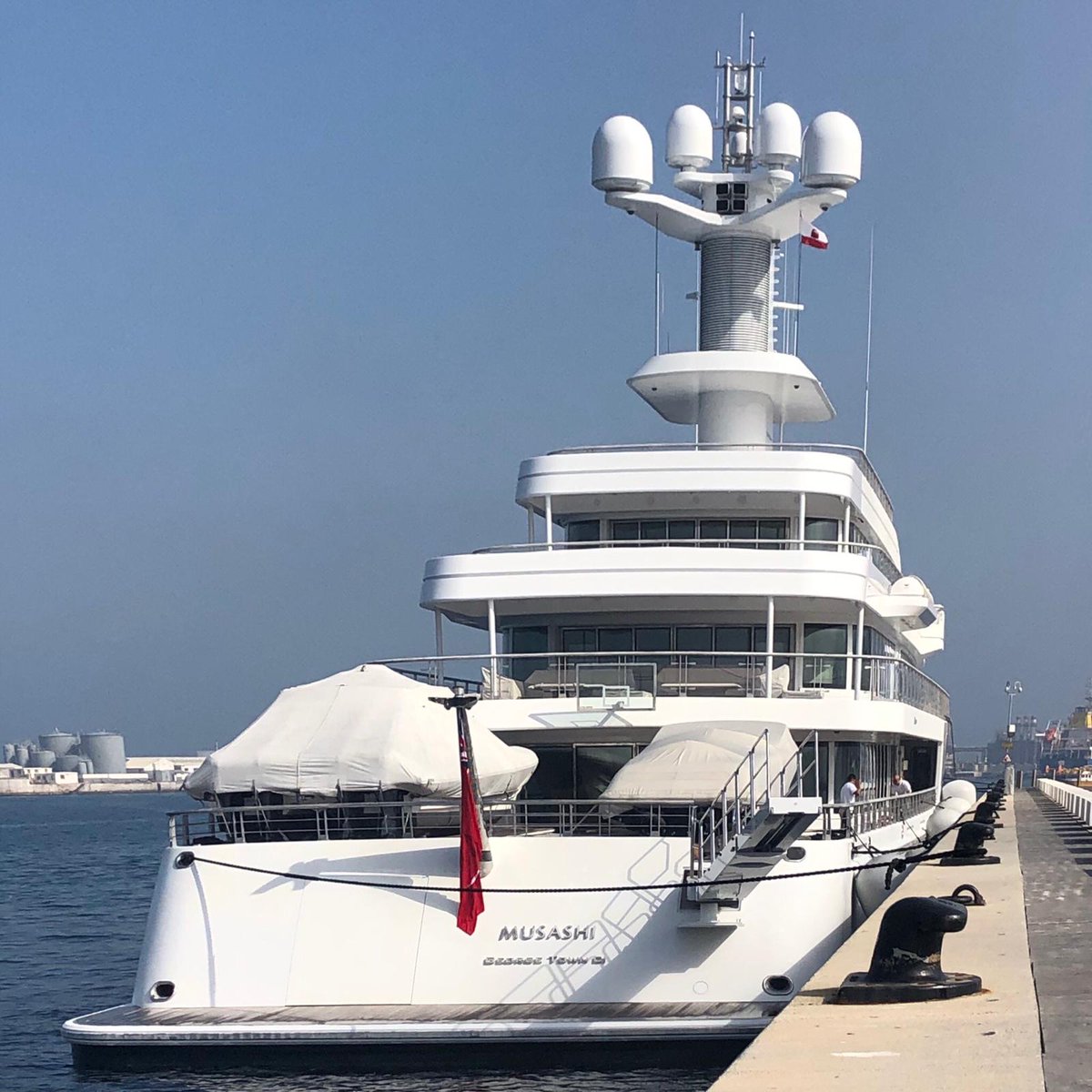 Dutchyachting's tweet photo. #Feadship #Musashi in #Gibraltar last Friday. The 88m/ 288’8” #yacht was delivered in 2011 after an #exterior design & navel architecture by De Voogt Naval Architects and an interior by #Sinot Yacht Architecture & Design. Photos by @DannyWheelz on Instagram. https://t.co/yvnI2bLtO8