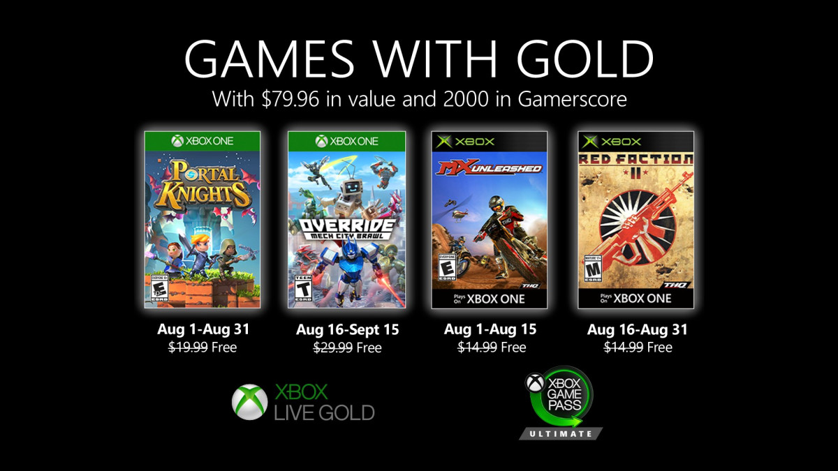 Xboxlivefr's tweet photo. Voici les jeux #GamesWithGold de août 2020 !

#PortalKnights (1er août au 31 août)
#OverrideMechCityBrawl (16 août au 15 septembre)
#MXUnleashed (1er août au 15 août)
#RedFactionII (16 août au 31 août)

Que pensez-vous de cette liste ? https://t.co/C5t0BNNsQY