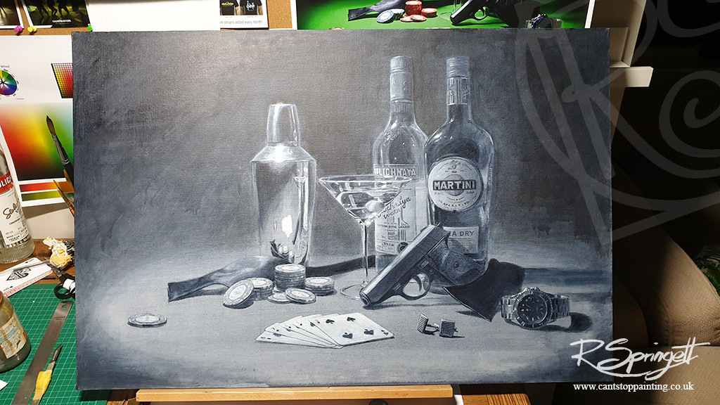 Springett_Art's tweet photo. It's been a busy couple of weeks but I've managed to make some progress on the latest painting...underpainting finished and now the fun begins with the oils!! 

#artist #jamesbond #007 https://t.co/AFV9fSre0H
