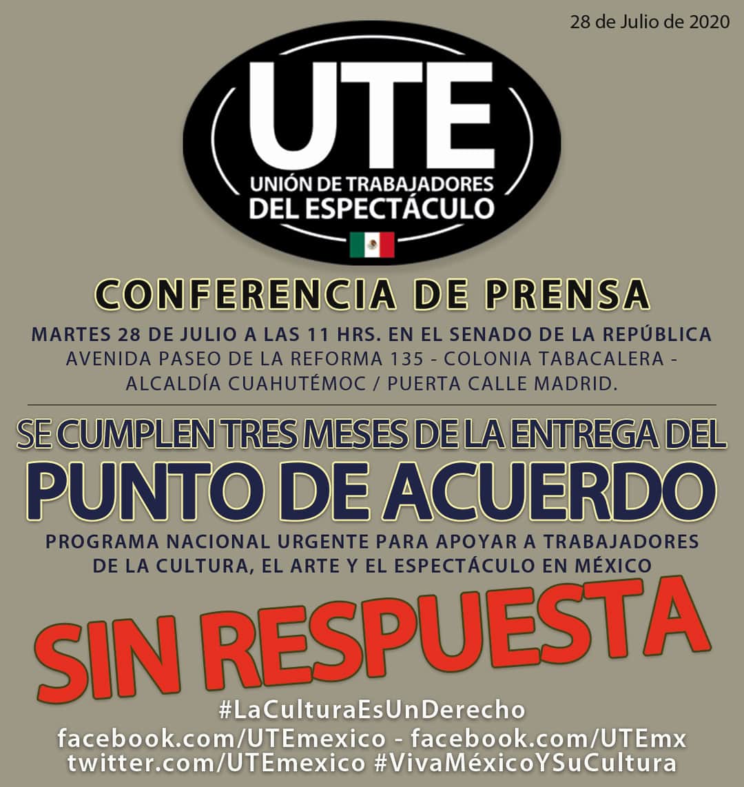 MandoKalani's tweet photo. @UTEmexico  #ConferenciaDePrensa HOY 11 HRS en el @senadomexicano 
 #PUNTOdeACUERDO PROGRAMA NACIONAL URGENTE PARA APOYAR A TRABAJADORES DE LA CULTURA, EL ARTE Y EL ESPECTÁCULO EN MÉXICO
#LaCulturaEsUnDerecho ES UNA EXIGENCIA LEGÍTIMA.
A tres meses de la entrega https://t.co/S08CtfTAga