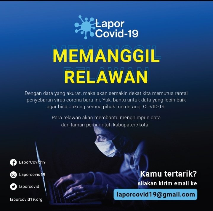LaporSehat's tweet photo. IBU PERTIWI MERINDU !

Bagi setiap jiwa berani, yg sedia tuk
merahkan putihnya tulang,
maniskan asinnya lautan

Ibu Pertiwi memanggil, untuk menjadi Relawan LaporCovid. 

Takada syarat. Hanya tekad, yang diharap. 

Mari, bergabung bersama kami ! https://t.co/bl0CmGPPNp