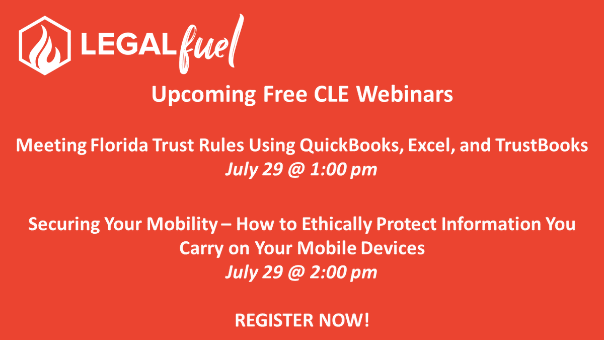 LegalFuel_FL's tweet photo. 📢2 Free CLE Webinars Tommorrow

Meeting Florida Trust Rules Using QuickBooks, Excel, and TrustBooks
Find out more: https://t.co/mHhCt2BVpe

Securing Your Mobility – How to Ethically Protect Information You Carry on Your Mobile Devices
Find out more: https://t.co/ROHTHFJ29Z https://t.co/ItD8hz8avj