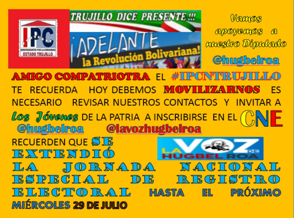 #IPCNTRUJILLO #LaVozDeHugbelRoa <a href="/PartidoPSUV/">PSUV</a> <a href="/TareckPSUV/">Tareck El Aissami</a> @Iroschima_JPSUV <a href="/LaHojillaenTV/">La Hojillaen</a> <a href="/Gerardo4fPsuv/">Gerardo Márquez</a> <a href="/gestionperfecta/">Carmen Meléndez</a> 
<a href="/jaarreaza/">Jorge Arreaza M</a> <a href="/dcabellor/">Diosdado Cabello R</a> <a href="/NicolasMaduro/">Nicolás Maduro</a> <a href="/RangelSilva4F/">Rangel Silva</a>  
<a href="/LaVozHugbelRoa/">La Voz Hugbel Roa</a> <a href="/hugbelpsuv/">Hugbel Roa</a> <a href="/ConCiliaFlores/">Cilia Flores</a> 
<a href="/HectoRodriguez/">Héctor Rodríguez C.</a> <a href="/gestionperfecta/">Carmen Meléndez</a> <a href="/ErikaPSUV/">Erika Farías Peña</a> <a href="/JacquelinePSUV/">Jacqueline Faria</a>