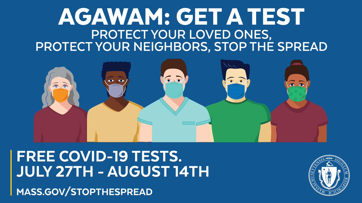 📣 ATTENTION WESTERN MA A no cost #coronavirus testing site for both asymptomatic and symptomatic individuals will be available in Agawam starting Wednesday, August 5. Tests are open to all, not just Agawam residents. More information at mass.gov/stopthespread