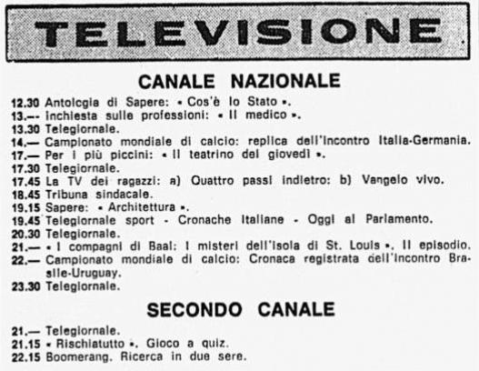 PinoFrisoli's tweet photo. Martedì #28luglio2020, 18.15 @RaiSport, per la prima volta a colori in #Rai, #BrasileUruguay, semifinale #Messico70 del #17giugno1970, con telecronaca di #NicolòCarosio. Da non perdere anche, alle 20.25, Sorteggio #Spagna82 commentato da Falcao, Pruzzo e @MarcoTardelli82 https://t.co/kIKD0J24On