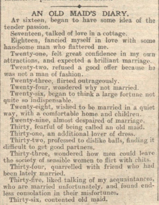 A small addition to one of my favourite threads — 'An Old Maid's Diary', which concludes with her reaching the ripe old age of... THIRTY-SIX?!- Answers (1906)