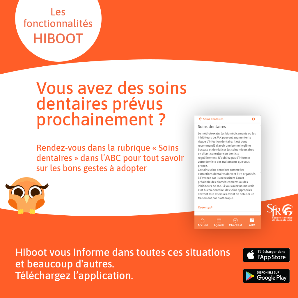 AppliHiboot's tweet photo. Vous avez des soins dentaires prévus prochainement 🦷 ? ❗Soyez vigilant  ❗ 
👉 Restez toujours informé avec l'#appli Hiboot
Androïd: https://t.co/frPrRTFhMW
Apple: https://t.co/ODQR3igt52
#spondy #rhumatismes #polyarthrite https://t.co/7QWqCyOoel