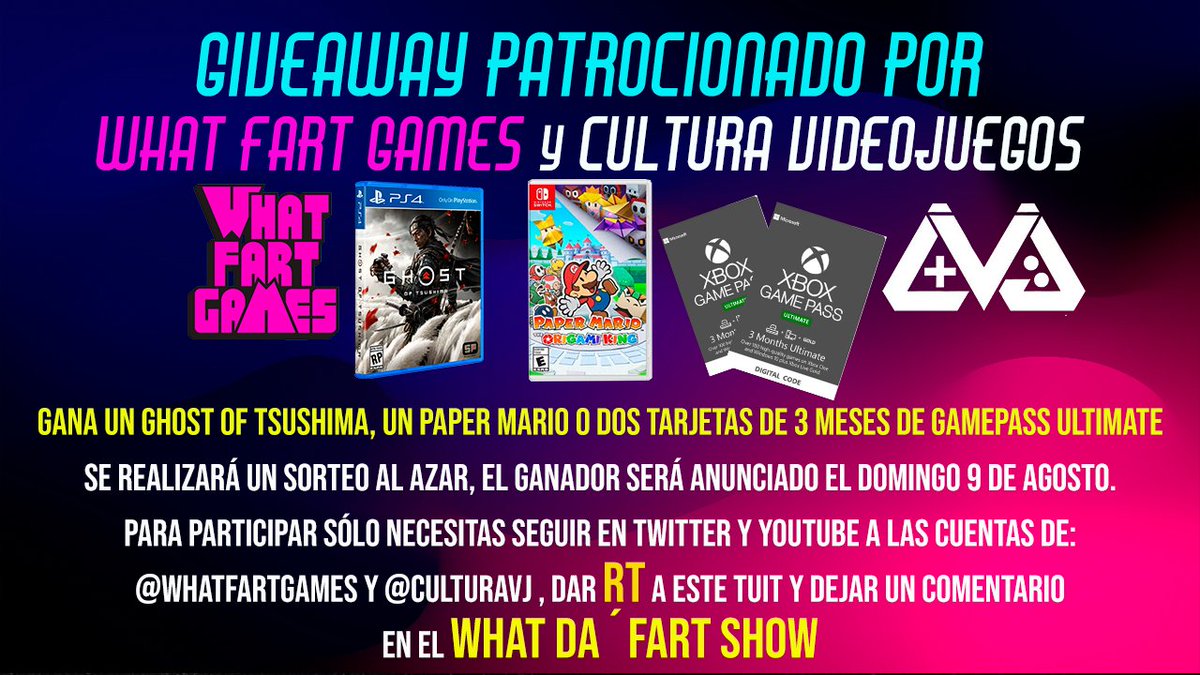 WhatFartGames's tweet photo. Vamos a regalar @WhatFartGames en conjunto con @CulturaVJ un Ghost of Tsushima, Paper Mario o 6 meses de Xbox Gamepass Ultimate! El Ganador elije!
Hay que dar RT a este tuit y comentar en el show: https://t.co/zVcPj8y4Uc
checa el resto de las bases y participa #GiveAway https://t.co/DE16j3bFW6