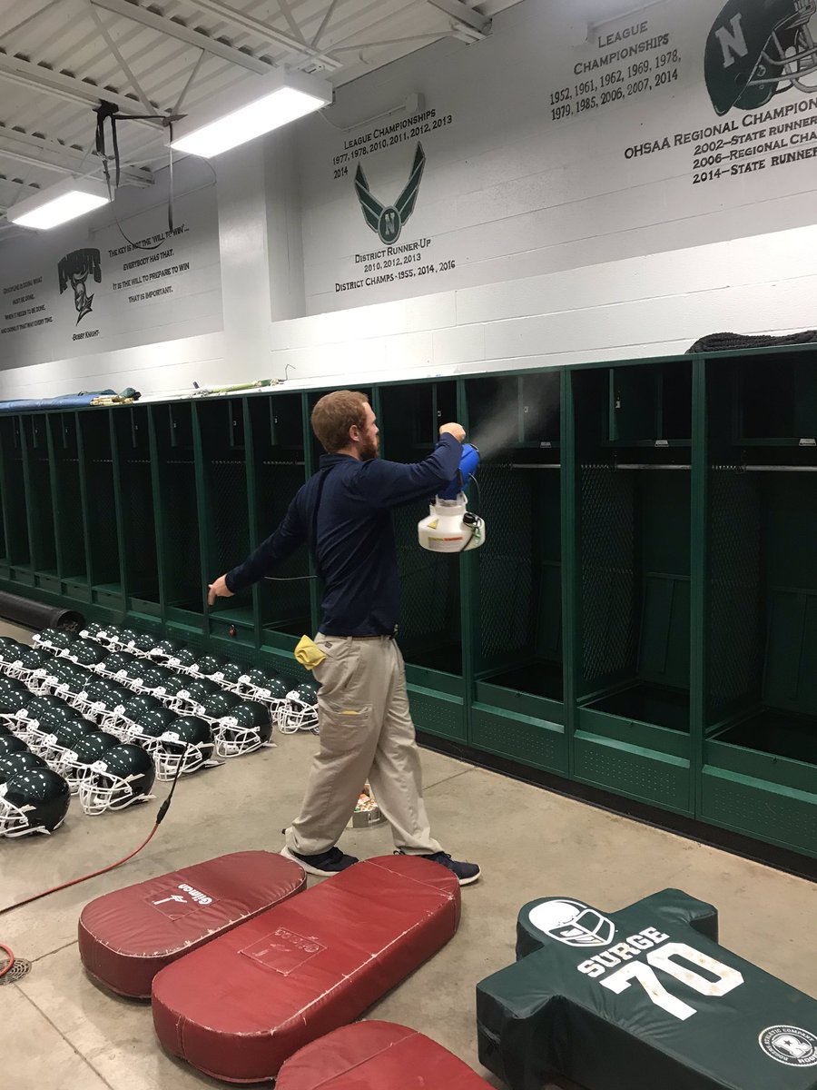 MicroShield at Nordonia spraying locker rooms, training rooms, weight room, wrestling room and athletic equipment.  The MicroShield coating kills Corona Virus for up to 12 months!