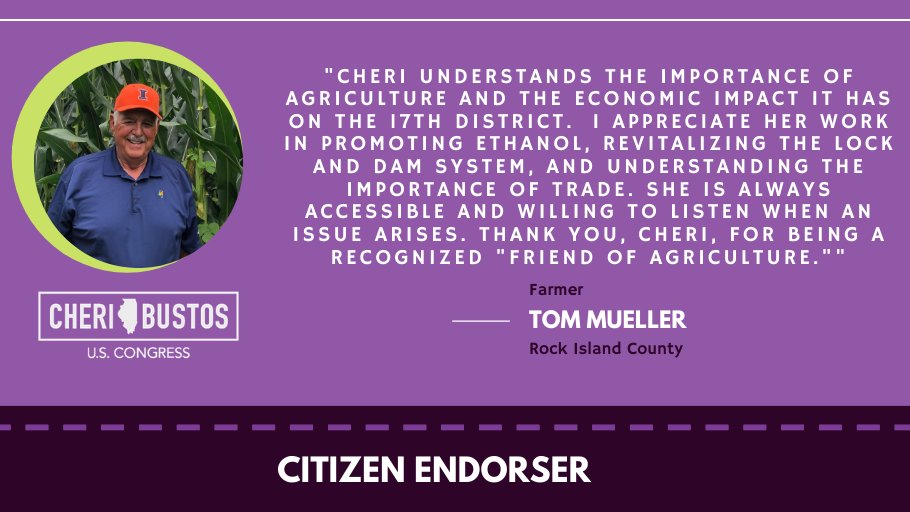 CheriBustos's tweet photo. I’m grateful for the farmers across #IL17 who are the backbone of our economy. I was lucky enough to have Tom accompany me to the State of the Union in 2019. Thank you Tom for your endorsement and your work as a corn and soybean farmer in Rock Island County! https://t.co/a0NBx2hbkd