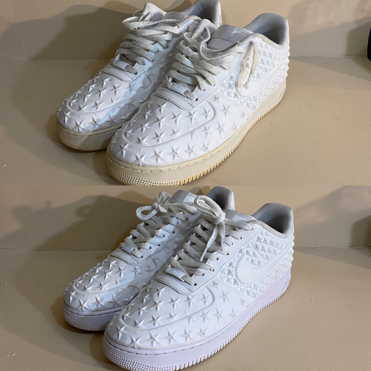 Kickssalvation's tweet photo. Air Force 1s⚪️, a classic undefeated shoe now ready to style. A Deep Clean & Sole work service was done to reverse the yellowing and whiten the shoes. Can you tell the difference? #Kickssalvation👟 #Af1 #deepclean #Shoeclean #laceclean #DMV #soledeoxidizer #kicks0l0gy #dmvrestore https://t.co/Hgin3eJwhG