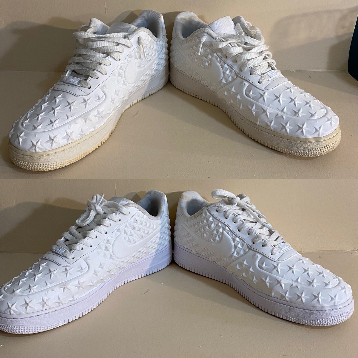 Kickssalvation's tweet photo. Air Force 1s⚪️, a classic undefeated shoe now ready to style. A Deep Clean & Sole work service was done to reverse the yellowing and whiten the shoes. Can you tell the difference? #Kickssalvation👟 #Af1 #deepclean #Shoeclean #laceclean #DMV #soledeoxidizer #kicks0l0gy #dmvrestore https://t.co/Hgin3eJwhG