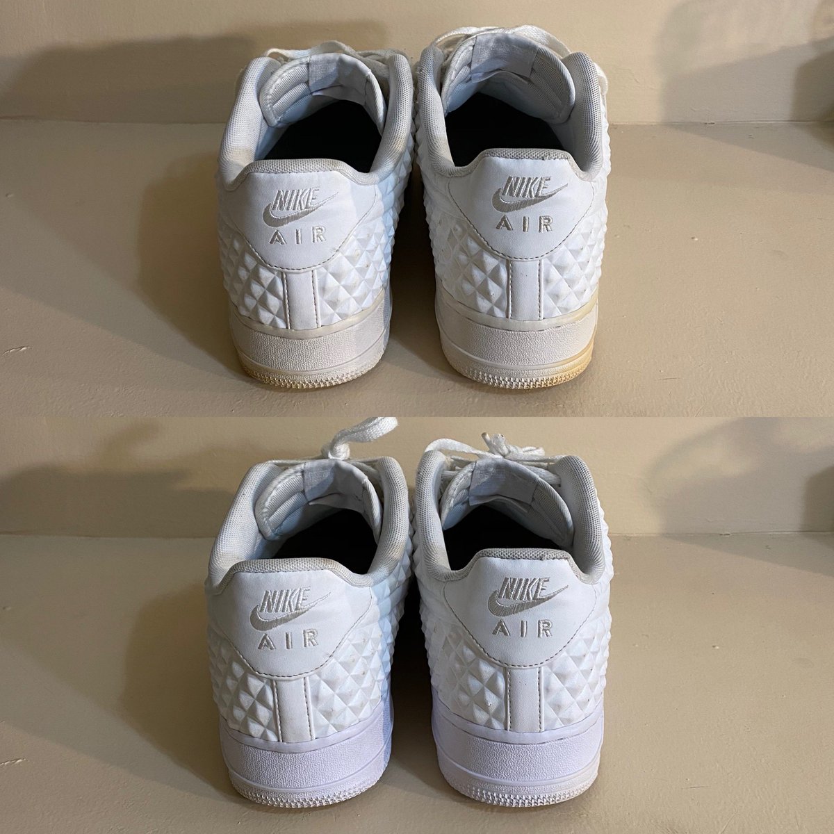 Kickssalvation's tweet photo. Air Force 1s⚪️, a classic undefeated shoe now ready to style. A Deep Clean & Sole work service was done to reverse the yellowing and whiten the shoes. Can you tell the difference? #Kickssalvation👟 #Af1 #deepclean #Shoeclean #laceclean #DMV #soledeoxidizer #kicks0l0gy #dmvrestore https://t.co/Hgin3eJwhG