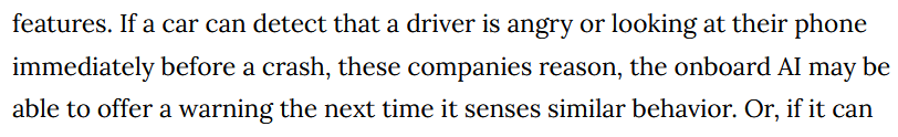Ok, no, sorry, must address this: can you imagine how much MORE angry you would get if your car "detected you were angry" and told you...what..."stop being angry?"Is my car going to tell me I should smile more next? How can they possibly think this would help.