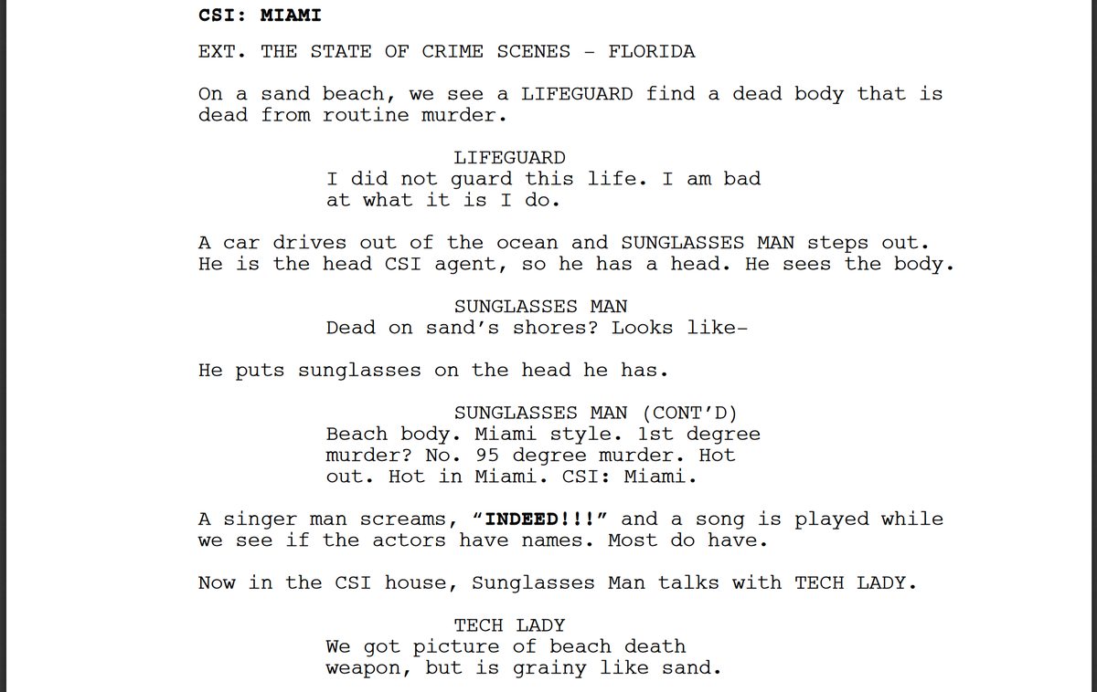 KeatonPatti's tweet photo. I forced a bot to watch over 1,000 hours of CSI: Miami and then asked it to write an episode of CSI: Miami of its own. Here is the first page. https://t.co/uWHnMsZIE9