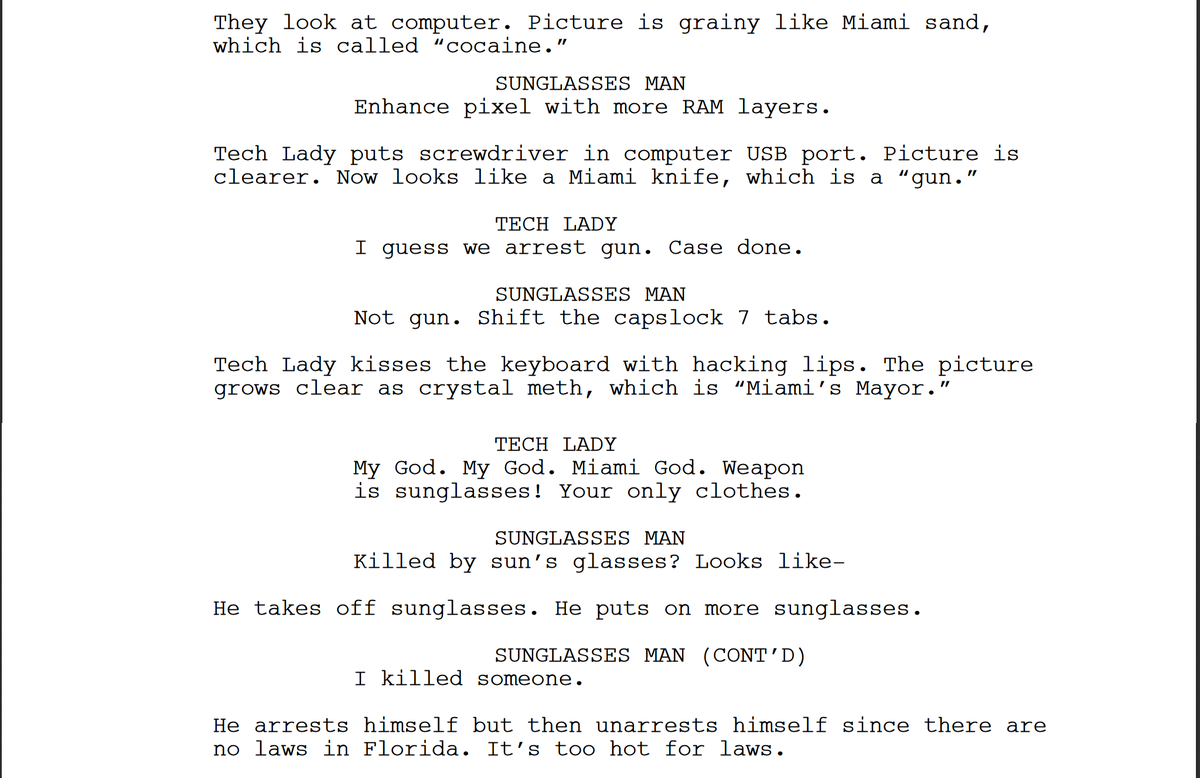 KeatonPatti's tweet photo. I forced a bot to watch over 1,000 hours of CSI: Miami and then asked it to write an episode of CSI: Miami of its own. Here is the first page. https://t.co/uWHnMsZIE9