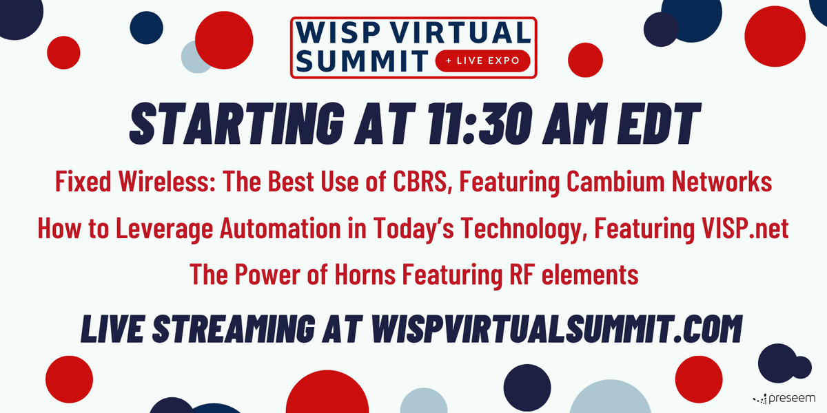 preseem's tweet image. The first round of breakout sessions is starting at the #WISPVirtualSummit! Join to see presentations from @CambiumNetworks, @visp_net, and @rfelements!

Access the WISP Virtual Summit or buy your ticket by going to hubs.ly/H0s-Wlf0

#WISPVIRTUALSUMMIT2020 #Preseem #WISPA