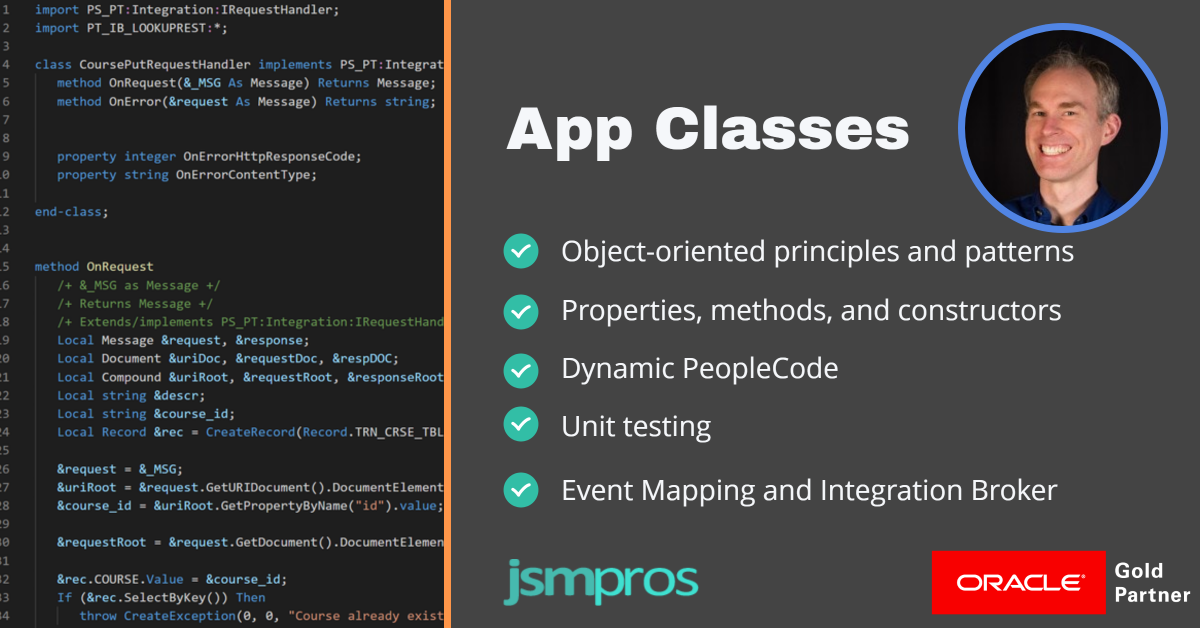 jsmpros's tweet image. Confused by Application Classes? Get Clarity through our two-day Advanced PeopleCode training class. Aug 10-11, 9 AM to 5 PM Central appclasses.jsmpros.com #PeopleSoft #PeopleTools #PeopleCode