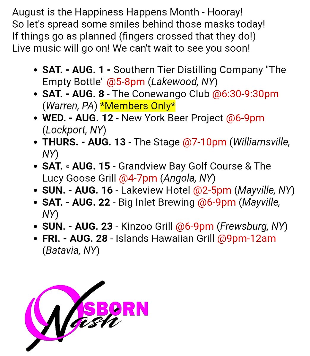 OsbornNashMusic's tweet photo. #August #Schedule #OsbornNash #ON #OutNow
•
#AcousticDuo #acoustic #duo #livemusic #augustschedule #supportlivemusic #localmusic #supportlocalmusic #Album #StudioAlbum #ComingSoon #StayTuned #tuesdayvibes #tuesdaythoughts #follow #f4f #followformore #followus #followformoremusic https://t.co/FU2TCjZDXx