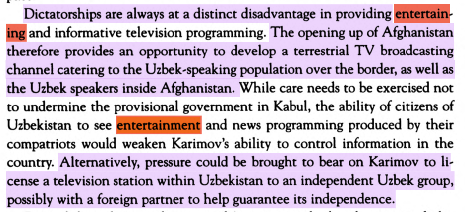 In light of their connection to Paul Klein, it's notable they both stress the role of entertainment programming. First Palmer: entertainment is the hook, a way of drawing in more eyeballs to the "independent" network and away from the dreary programming of the target's state TV