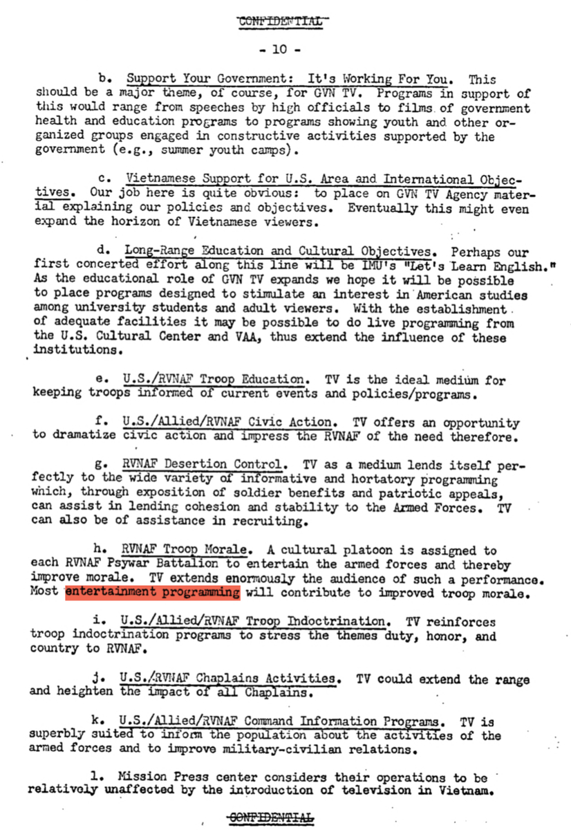 The Zorthian report, which served as the basis of TV psyops in south Vietnam (where they built a broadcasting infrastructure from scratch), touches on this too. But it also adds that US entertainment can peddle an image of US culture that pacifies resistance to the US occupation
