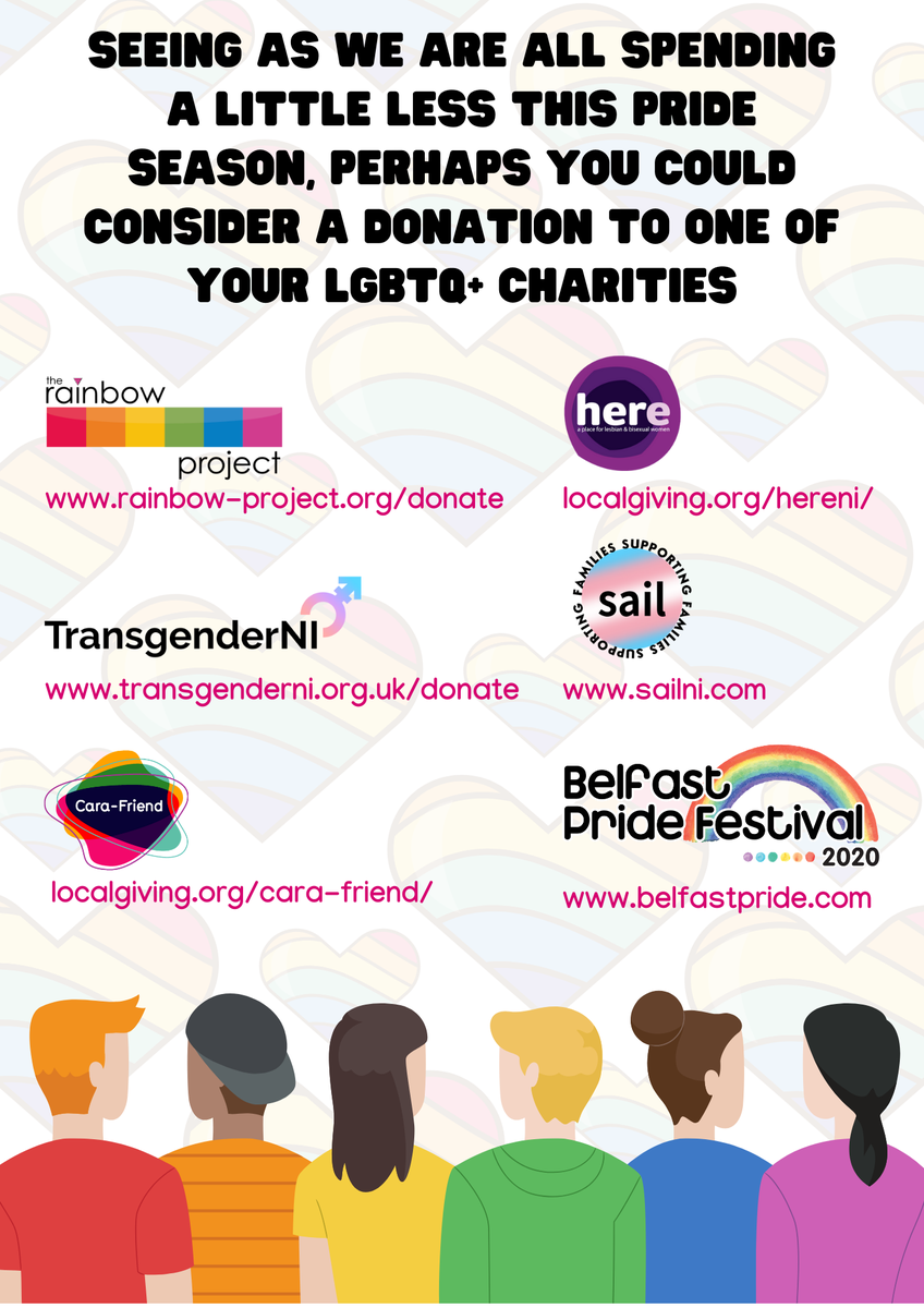 Seeing as we're probably spending a little less this <a href="/belfastpride/">Belfast Pride</a> week, consider donating to some of our great local charities who've been hit hard by the cancellation of many of their Pride week fundraisers! <a href="/TRPNI/">The Rainbow Project</a> <a href="/Here_NI/">Here</a> <a href="/TransgenderNI/">TransgenderNI</a> @sail_ni <a href="/CaraFriendNI/">Cara-Friend</a> #BelfastPride